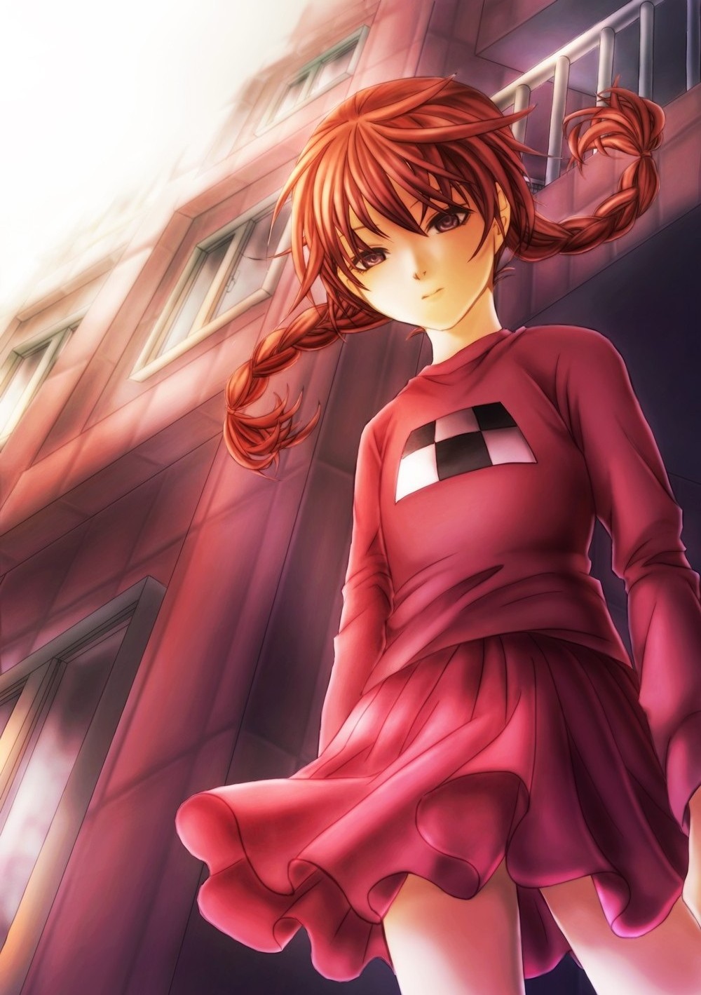 1girl bad_id bad_pixiv_id braid brown_eyes brown_hair empty_eyes expressionless female_focus handrail highres long_hair looking_down madotsuki olmatown pink_shirt pink_skirt shirt sidelocks skirt solo spoilers sweater twin_braids window yume_nikki
