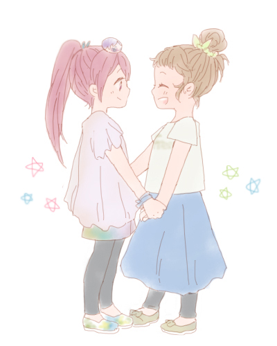 10s 2girls aged_down brown_hair child free! hair_bun hanamura_chigusa long_hair looking_at_another lowres matsuoka_gou merchandise multiple_girls omanjuu_mascot ponytail red_hair ryuugazaki_rei simple_background single_hair_bun smile utai_yumi white_background