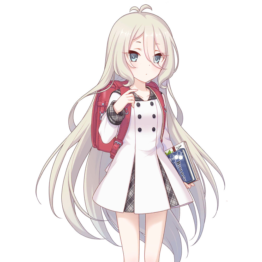 1girl backpack bag book child dress holding holding_book kokkoro_(princess_connect!) kokkoro_(real)_(princess_connect!) long_hair official_art princess_connect! school_uniform solo tachi-e transparent_background white_dress