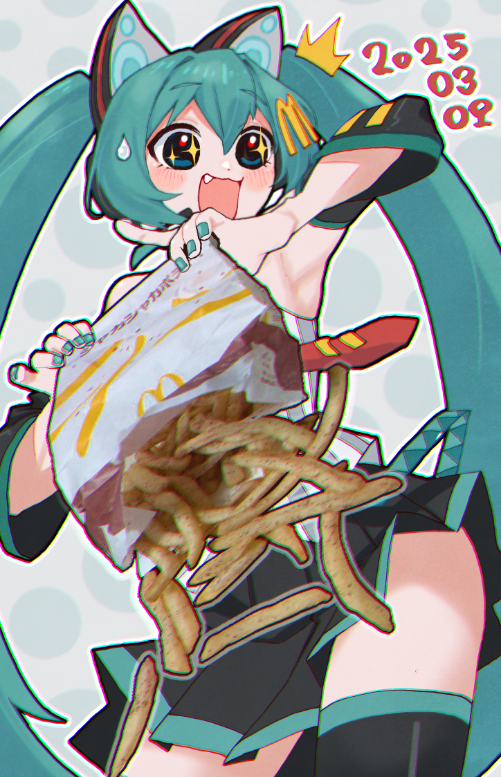 animal_ear_hairband animal_ear_headphones animal_ears aqua_eyes aqua_hair aqua_nails aqua_trim bag cat_ear_hairband cat_ear_headphones cat_ears commentary_request detached_sleeves fake_animal_ears fast_food food french_fries hair_ornament hairband hatsune_miku headphones holding holding_bag kanashimiojisan letter_hair_ornament logo_hair_ornament long_hair mcdonald&#039;s paper_bag photorealistic realistic shakacat shake_shake_fries shaking twintails very_long_hair vocaloid