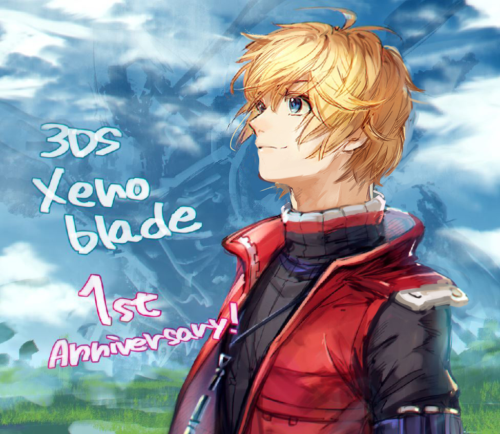 1boy anniversary blonde_hair blue_eyes blurry blurry_background bomssp closed_mouth commentary_request copyright_name looking_up male_focus outdoors red_vest short_hair shulk_(xenoblade) smile solo standing vest xenoblade_chronicles_(series) xenoblade_chronicles_1