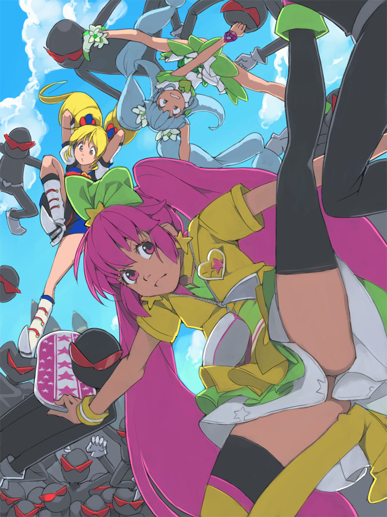 10s 3girls aino_megumi akinbo_(hyouka_fuyou) alternate_form asymmetrical_footwear bad_id bad_pixiv_id battle blonde_hair blue_background blue_eyes blue_hair blue_skirt blue_sky brooch choiark cloud cure_honey cure_honey_(popcorn_cheer) cure_lovely cure_lovely_(lollipop_hip_hop) cure_princess cure_princess_(macadamia_hula_dance) day earrings falling from_below happinesscharge_precure! heart heart_brooch jewelry long_hair magical_girl mismatched_footwear multiple_girls no_panties oomori_yuuko pink_eyes pink_hair precure shirayuki_hime skirt sky spread_legs star_(symbol) star_earrings thighhighs twintails wrist_cuffs yellow_eyes