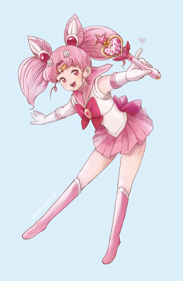 1girl bishoujo_senshi_sailor_moon bishoujo_senshi_sailor_moon_s blue_background blush boots bow brooch chibi_usa choker cone_hair_bun diadem dot_nose double_bun earrings elbow_gloves eyebrows female_focus full_body gloves hair_bun hair_intakes hair_ornament hairclip heart heart_brooch heart_choker holding jewelry knee_boots legs_apart long_hair looking_at_viewer ma-hain-scarlet magical_girl open_mouth outstretched_arm outstretched_arms pink_boots pink_bow pink_choker pink_hair pink_sailor_collar pink_skirt pleated_skirt red_eyes sailor_collar sailor_senshi_uniform school_uniform serafuku shirt short_sleeves simple_background skirt smile solo spread_arms stud_earrings teeth tiara twintails twitter_username upper_teeth_only white_gloves white_shirt