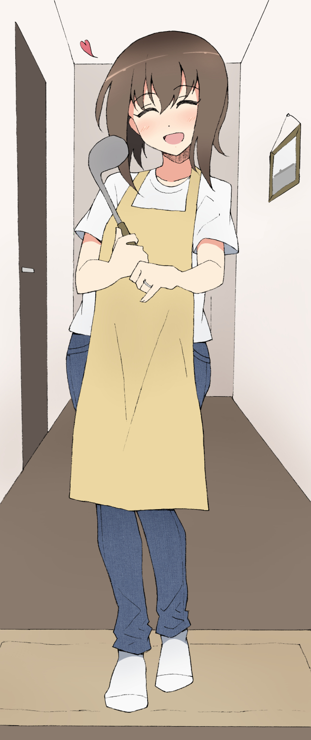 1girl alternate_costume apron bad_id bad_pixiv_id blush brown_hair closed_eyes commentary_request denim door hair_between_eyes heart highres holding holding_ladle indoors jeans jewelry kantai_collection ladle nel-c open_mouth pants ring shirt short_hair short_sleeves socks solo taihou_(kancolle) wedding_band white_footwear white_shirt yellow_apron