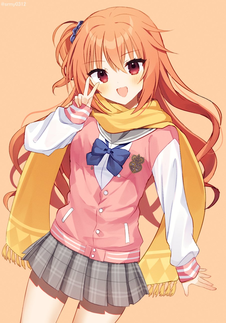 1girl :d aiyan arm_at_side blue_bow blue_scrunchie blush bow commentary cowboy_shot eyelashes eyes_visible_through_hair floating_hair fringe_trim grey_sailor_collar grey_skirt hair_between_eyes hair_ornament hair_scrunchie hand_up happy head_tilt highres inaba_meguru jacket letterman_jacket long_hair long_sleeves looking_at_viewer miniskirt one_side_up open_mouth orange_background orange_hair pink_jacket pleated_skirt red_eyes sailor_collar sanoba_witch scarf scrunchie simple_background sketch skirt sleeves_past_wrists smile solo standing twitter_username unfinished v v_over_eye wavy_hair white_sleeves yellow_scarf