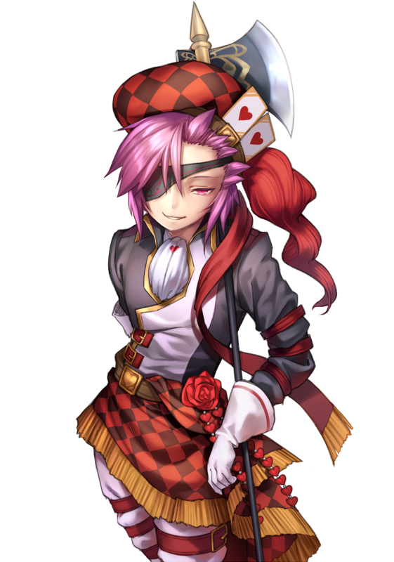 axe bad_id bad_twitter_id battle_axe belt black_shirt character_request checkered_clothes checkered_hat checkered_skirt copyright_request eyepatch feet_out_of_frame flat_cap flower gloves hat heart heart_belt heart_card heart_print holding holding_weapon long_sleeves looking_afar nakasaki_hydra partially_opened_mouth pink_eyes pink_hair polearm red_hair rose shirt skirt smile solo thigh_strap transparent_background weapon white_gloves white_legwear