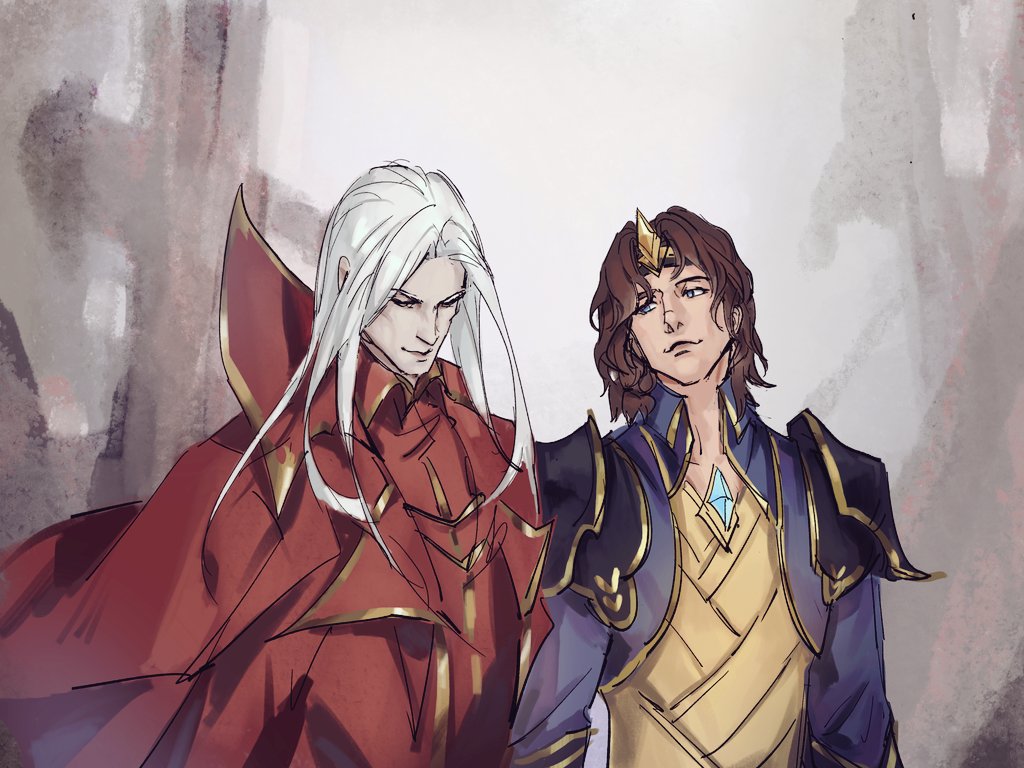2boys brown_hair brown_shirt cape grey_background king_viego league_of_legends long_hair looking_at_another male_focus medium_hair multiple_boys parted_bangs red_cape red_shirt shirt shoulder_plates uncle_and_nephew upper_body viego_(league_of_legends) viegoletmefu vladimir_(league_of_legends) white_hair