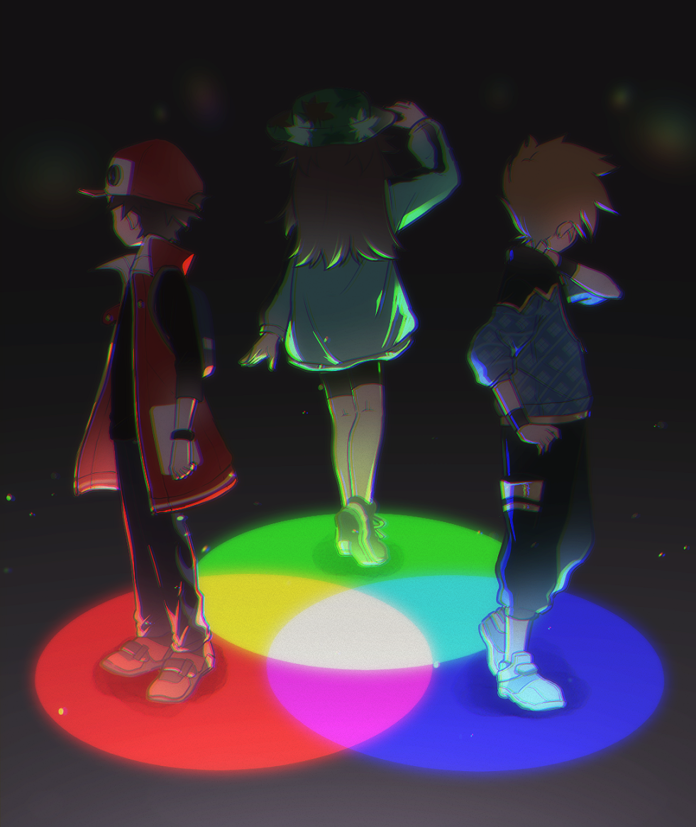 1girl 2boys additive_color adjusting_clothes adjusting_headwear baseball_cap black_shirt black_shorts blue_jacket blue_oak blue_oak_(sygna_suit) brown_hair coat commentary_request dark_background from_behind game_freak green_hat green_jacket hat jacket leaf_(pokemon) leaf_(sygna_suit)_(pokemon) long_hair maccha_pamocute multiple_boys nintendo official_alternate_costume pokemon pokemon_masters_ex red_(pokemon) red_(sygna_suit)_(pokemon) red_coat red_hat rgb_lights shirt short_hair shorts underlighting venn_diagram