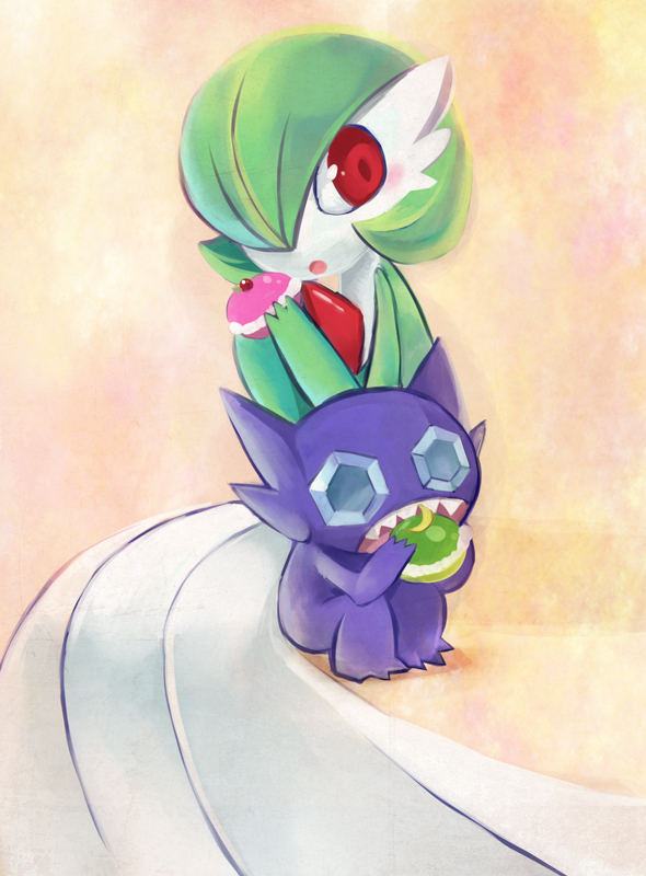 bob_cut colored_skin dress eating fangs gardevoir gen_3_pokemon green_hair green_skin hair_over_one_eye looking_at_viewer mizoreame multicolored_skin nintendo open_mouth poffin pokemon pokemon_(creature) purple_skin red_eyes sableye two-tone_skin white_dress white_skin