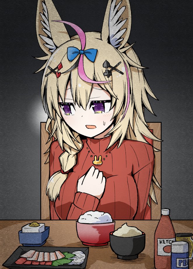 1girl alternate_costume animal_ear_fluff animal_ears averting_eyes black_hair blonde_hair blue_bow bow bowl braid casual chair commentary dot_nose double-parted_bangs fish_(food) food fox_ears fox_girl grey_background hair_between_eyes hair_bow hair_ornament hair_over_shoulder hand_on_own_chest hand_up hololive jewelry ketchup light_blush long_sleeves mashio mayonnaise medium_hair multicolored_hair necklace omaru_polka open_mouth pepper_(spice) pepper_shaker photoshop_(medium) pink_hair pov_across_table purple_eyes red_sweater ribbed_sweater rice sashimi side_braid sidelocks simple_background sitting solo streaked_hair sweatdrop sweater table tofu turtleneck virtual_youtuber x_hair_ornament