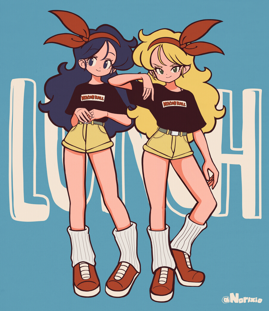 2girls artist_name belt black_shirt blonde_hair blue_background blue_eyes blue_hair bra_strap character_name curly_hair dragon_ball dragon_ball_(classic) facing_viewer full_body green_eyes grey_belt hairband hand_up long_hair looking_at_viewer loose_socks lunch_(bad)_(dragon_ball) lunch_(dragon_ball) lunch_(good)_(dragon_ball) multiple_girls norixio own_hands_together red_footwear red_hairband shirt shoes short_shorts short_sleeves shorts sneakers socks standing t-shirt white_socks yellow_shorts