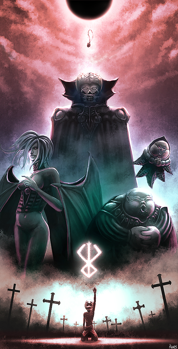 arm_up behelit berserk brand_of_sacrifice cloak cloud cloudy_sky commentary_request conrad_(berserk) cross demon_girl demon_wings eclipse floating griffith_(berserk) highres kneeling nao_(1989gangsta) sky slan_(berserk) solar_eclipse ubik_(berserk) void_(berserk) wings