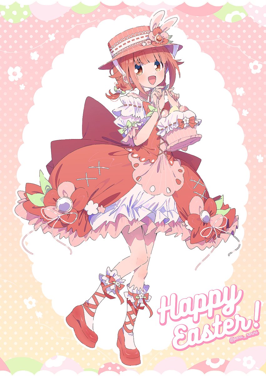 1girl akino_kaede alternate_costume animal_ears ankle_ribbon ankle_socks back_bow basket bow bow_legwear braid bubble_skirt commentary_request cross-laced_clothes cross-laced_dress dress dress_ribbon easter easter_egg egg english_text fake_animal_ears flower frilled_dress frilled_socks frills full_body gradient_background hair_bow happy happy_easter hat hat_flower highres holding holding_basket lace-trimmed_headwear lace_trim leg_ribbon light_blush long_hair magia_record:_mahou_shoujo_madoka_magica_gaiden mahou_shoujo_madoka_magica mary_janes open_mouth orange_eyes oval polka_dot polka_dot_background rabbit_ears red_background red_bow red_dress red_flower red_hair red_hat red_ribbon red_shoes ribbon ribbon-trimmed_headwear ribbon_trim serizawa_serizane shoes short_dress single_braid skirt smile socks solo standing twitter_username white_bow white_ribbon white_socks yellow_background