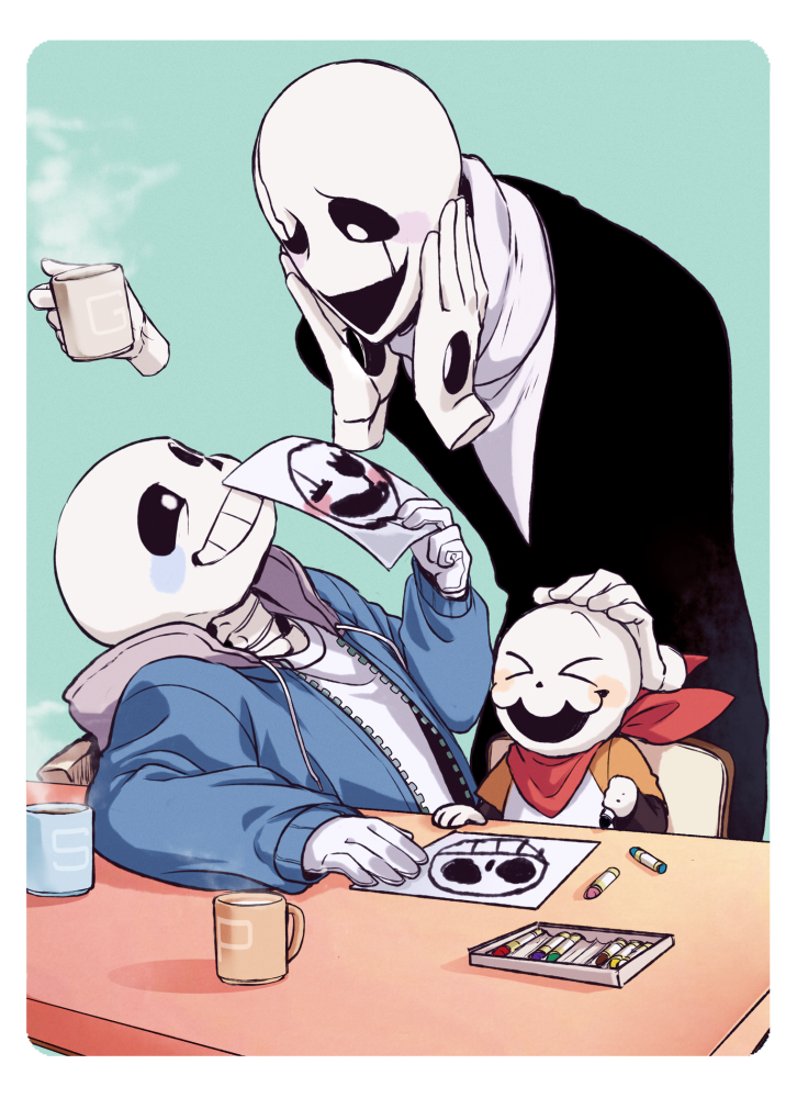 3boys aged_down ahin_vpv baby black_sclera closed_eyes coat colored_sclera crayon disembodied_hand drawing_(object) grin male_focus multiple_boys papyrus_(undertale) sans_(undertale) skeleton smile teeth undertale w.d._gaster white_eyes