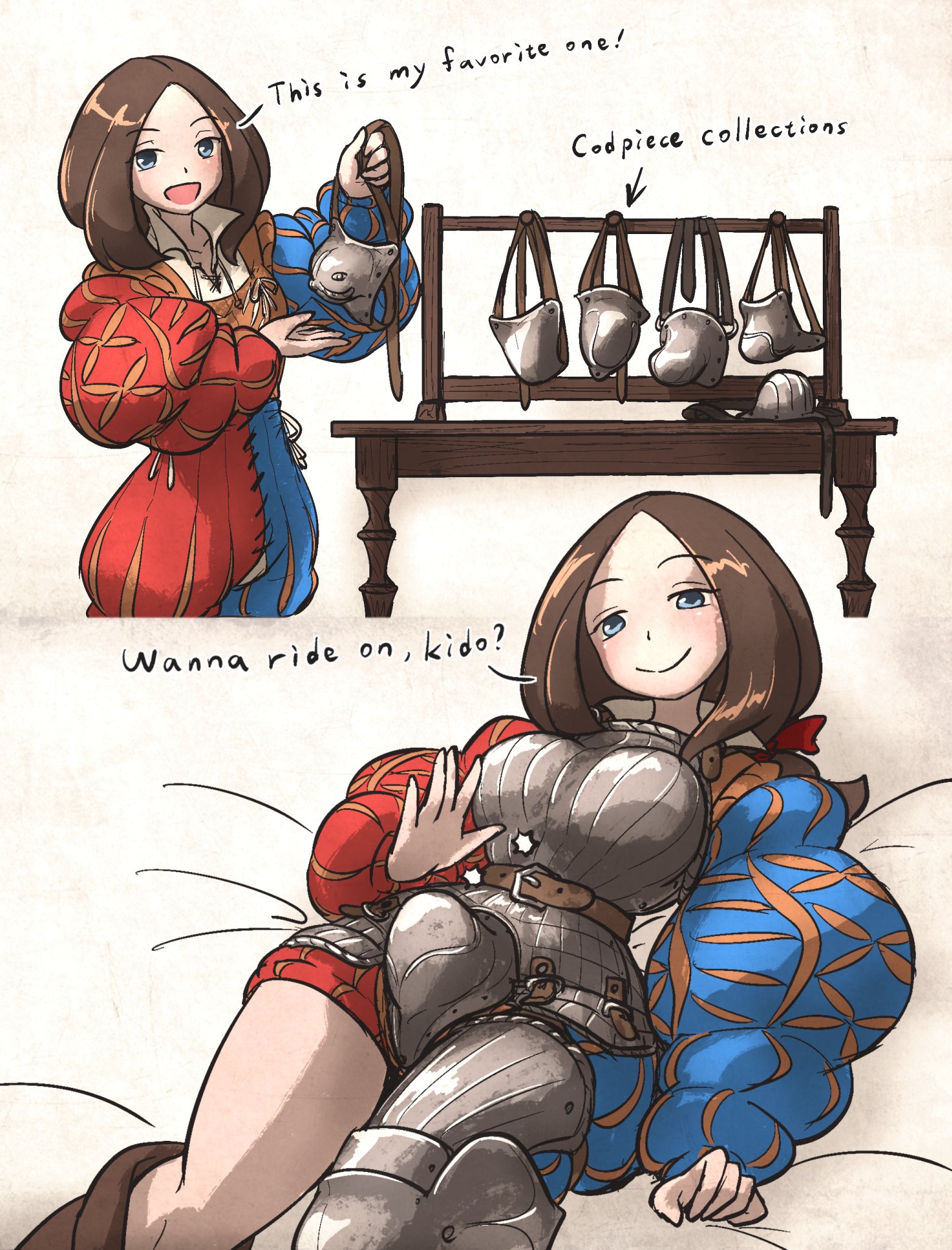 1girl armor blue_eyes boobplate boots breastplate brown_hair codpiece comic english_text greaves hat highres ironlily landsknecht landsknecht_(ironlily) long_sleeves lying on_back original puffy_long_sleeves puffy_sleeves single_greave smile