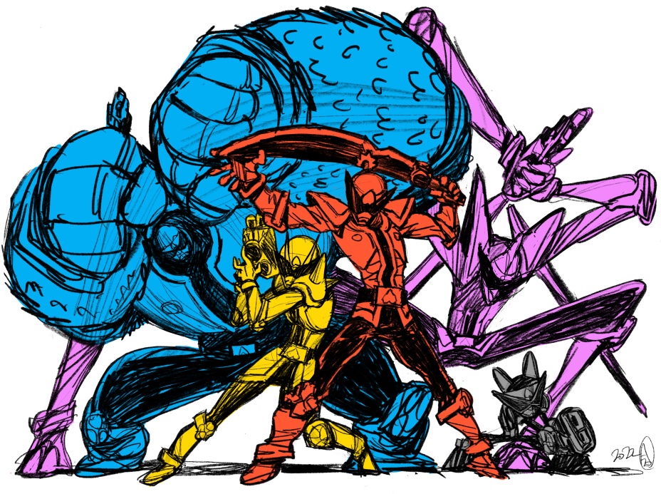 1girl 2022 4boys animal_ears armor avataro_sentai_donbrothers belt clenched_hand commentary dog dog_ears donblaster donmomotarou gun holding holding_gun holding_sword holding_weapon imaishi_hiroyuki inubrother inuzuka_tsubasa kijibrother kijino_tsuyoshi kitou_haruka momoi_tarou multiple_boys oni_sister open_hand outstretched_arm sarubrother saruhara_shinichi shoulder_armor shoulder_spikes signature simple_background sketch spikes super_sentai sword tokusatsu weapon white_background