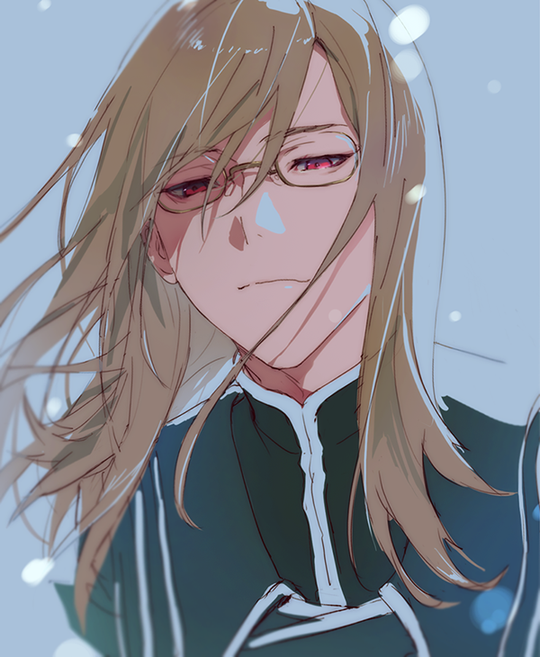 1boy blue_background brown_hair closed_mouth commentary_request floating_hair frown glasses isa_(peien516) jade_curtiss long_hair looking_down male_focus parted_bangs red_eyes rimless_eyewear sketch snowing solo tales_of_(series) tales_of_the_abyss upper_body