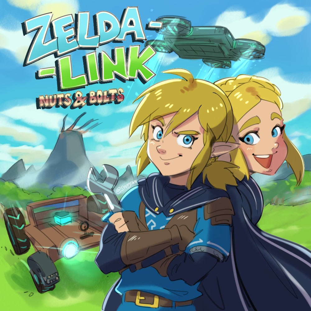 1boy 1girl back-to-back banjo-kazooie banjo-kazooie:_nuts_and_bolts belt belt_buckle blonde_hair blue_eyes blue_shirt blue_sky blue_tunic braid brown_gloves buckle cape cloak crown_braid earrings fingerless_gloves gloves grass holding holding_wrench hood hood_down hooded_cape hooded_cloak hovercraft jewelry leather leather_gloves link motor_vehicle nintendo parody piercing pointy_ears ponytail princess_zelda shirt short_ponytail sidelocks sky stup-jam the_legend_of_zelda the_legend_of_zelda:_breath_of_the_wild the_legend_of_zelda:_tears_of_the_kingdom tunic volcano watercraft wrench zonai_device