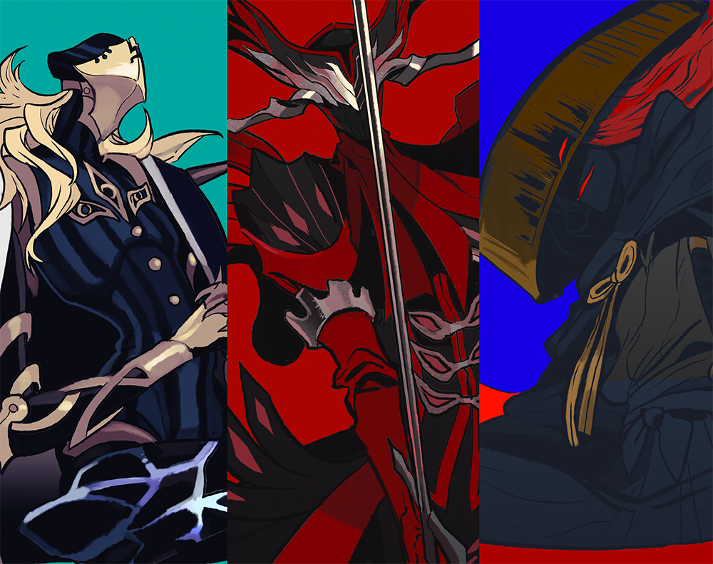 3boys antonio_salieri_(fate) antonio_salieri_(first_ascension)_(fate) aqua_background armor black_armor black_headwear blonde_hair blue_background blue_cape boots cape clawed_gauntlets claws covered_face fate/grand_order fate_(series) gauntlets grin hat holding holding_sword holding_weapon horns kaifei_(kaifei_29) katana long_hair looking_at_viewer male_focus mask multiple_boys okada_izou_(second_ascension)_(fate) parted_lips photoshop_(medium) red_armor red_background red_eyes red_hair rice_hat sandogasa shaded_face simple_background smile standing sword weapon