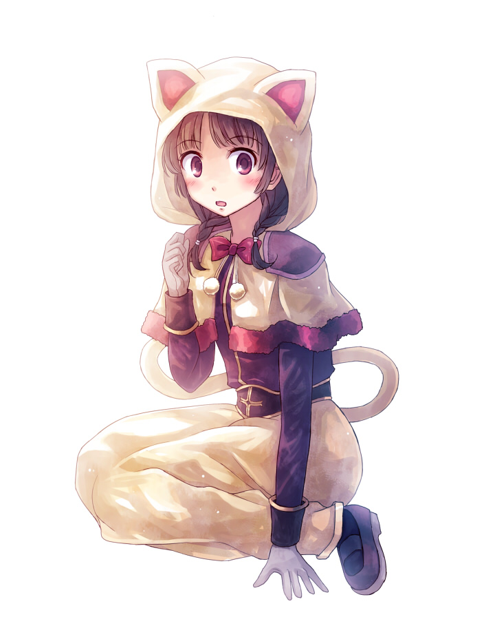 1girl acolyte_(ragnarok_online) animal_hood black_socks blush bow bowtie braid brown_eyes brown_hair brown_shirt brown_shoes capelet cat_hood cat_tail commentary_request fake_tail full_body gloves grey_gloves hood hood_up long_skirt long_sleeves looking_at_viewer low_twin_braids medium_hair open_mouth ragnarok_online red_bow red_bowtie shirt shoes simple_background sitting skirt socks solo tail twin_braids wariza white_background white_capelet white_skirt yakka