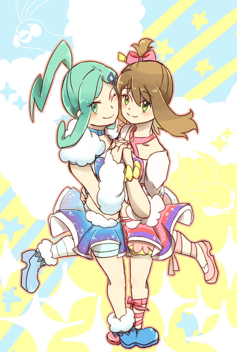 2girls aqua_eyes aqua_hair blue_footwear blush brown_hair full_body green_eyes hair_ornament hair_ribbon lisia_(pokemon) long_hair looking_at_viewer may_(contest)_(pokemon) may_(pokemon) miniskirt mizuto_(o96ap) multiple_girls nintendo one_eye_closed pink_shoes pokemon pokemon_(creature) pokemon_oras ponytail ribbon shoes skirt smile standing standing_on_one_leg symmetrical_hand_pose