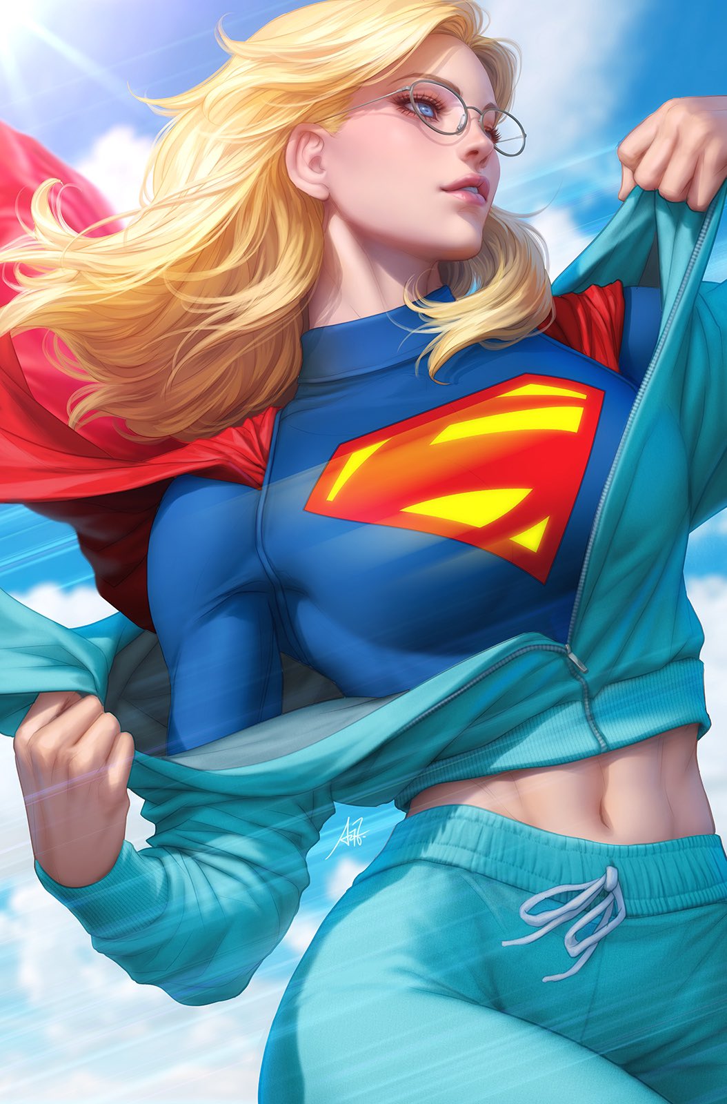 1girl abs blonde_hair cape comic_cover dc_comics glasses highres medium_hair muscular muscular_female red_cape round_eyewear solo stanley_lau supergirl superhero_costume superman_(series) superman_logo