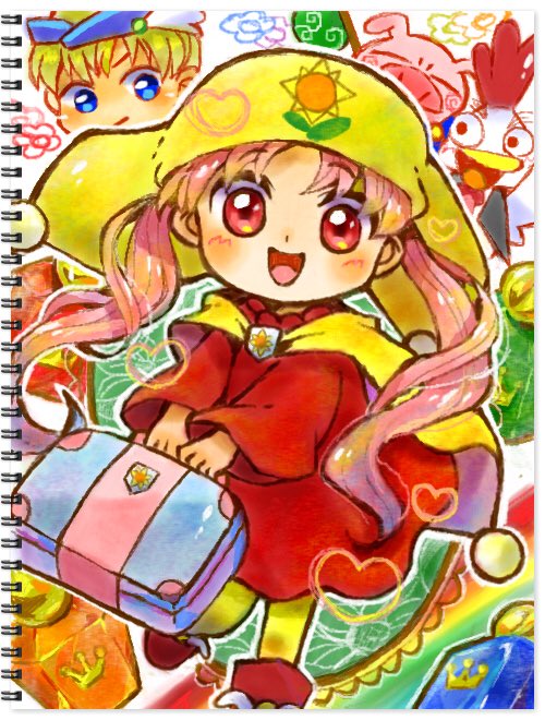 1boy 1girl araessa bird blonde_hair blue_eyes blush cape chicken doradorakingyo dress holding holding_suitcase looking_at_viewer mirror open_mouth pig prince_cloud princess_silver red_dress red_eyes short_hair suitcase sutonsuton traditional_media yellow_cape yellow_headwear yume_no_crayon_oukoku