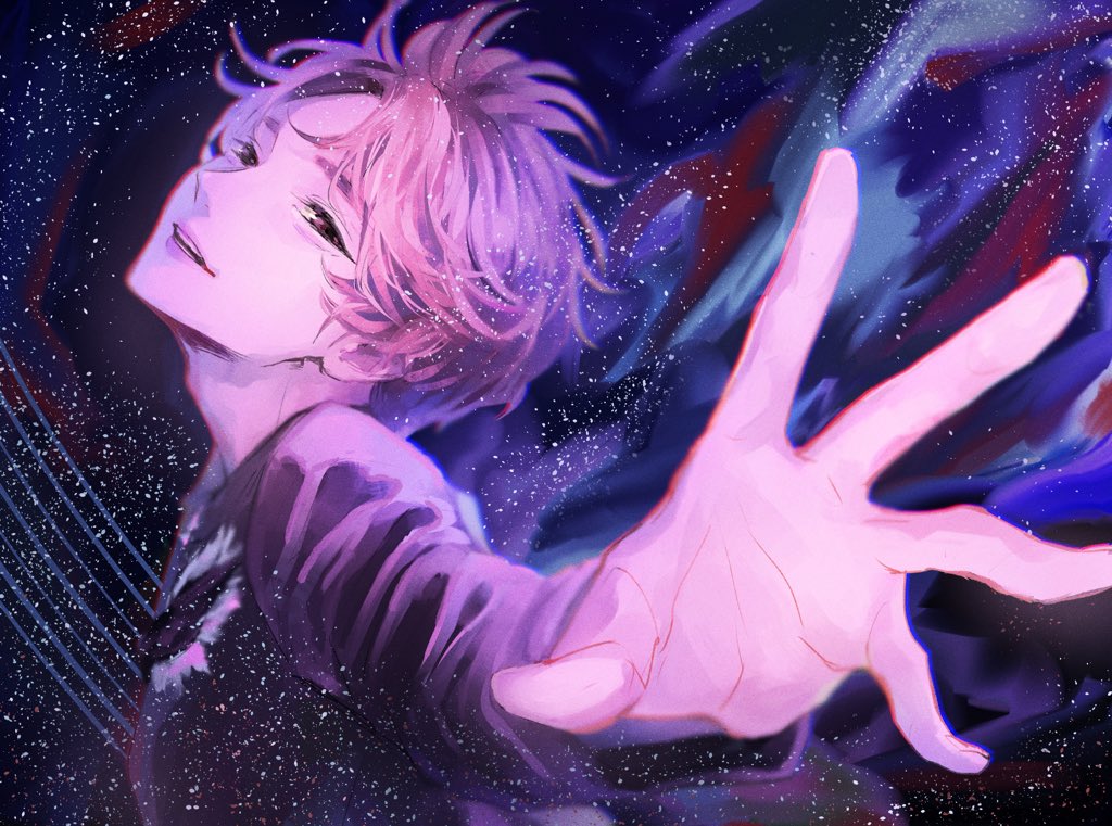 1boy commentary_request joshua_(seventeen) k-pop light_smile long_sleeves looking_at_viewer male_focus mokome124 outstretched_arm purple_hair seventeen_(group) short_hair solo upper_body
