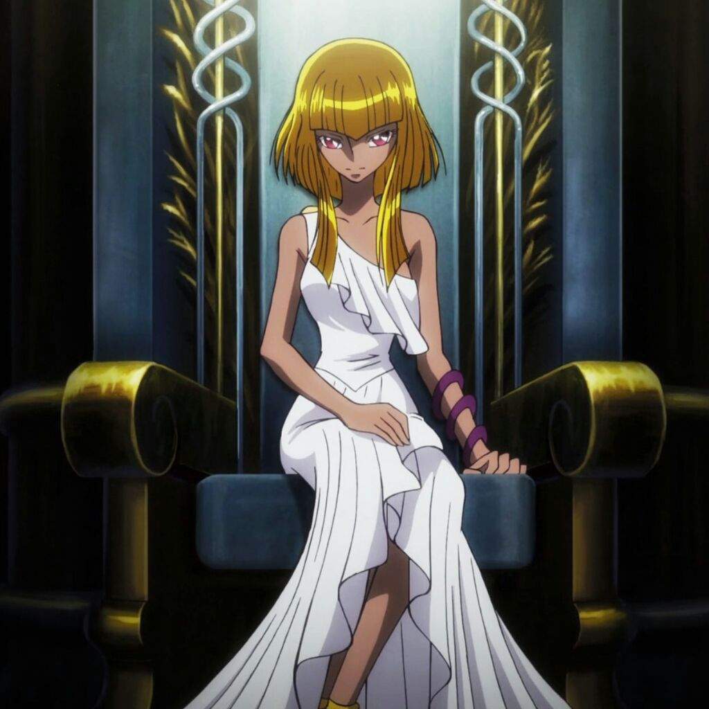 10s 1girl bare_legs blonde_hair bob_cut bracelet breasts dark-skinned_female dark_skin dress female_focus jewelry legs_together looking_at_viewer medium_breasts pallas red_eyes saint_seiya saint_seiya_omega screencap sitting sleeveless sleeveless_dress smile solo third-party_edit throne toei_animation white_dress