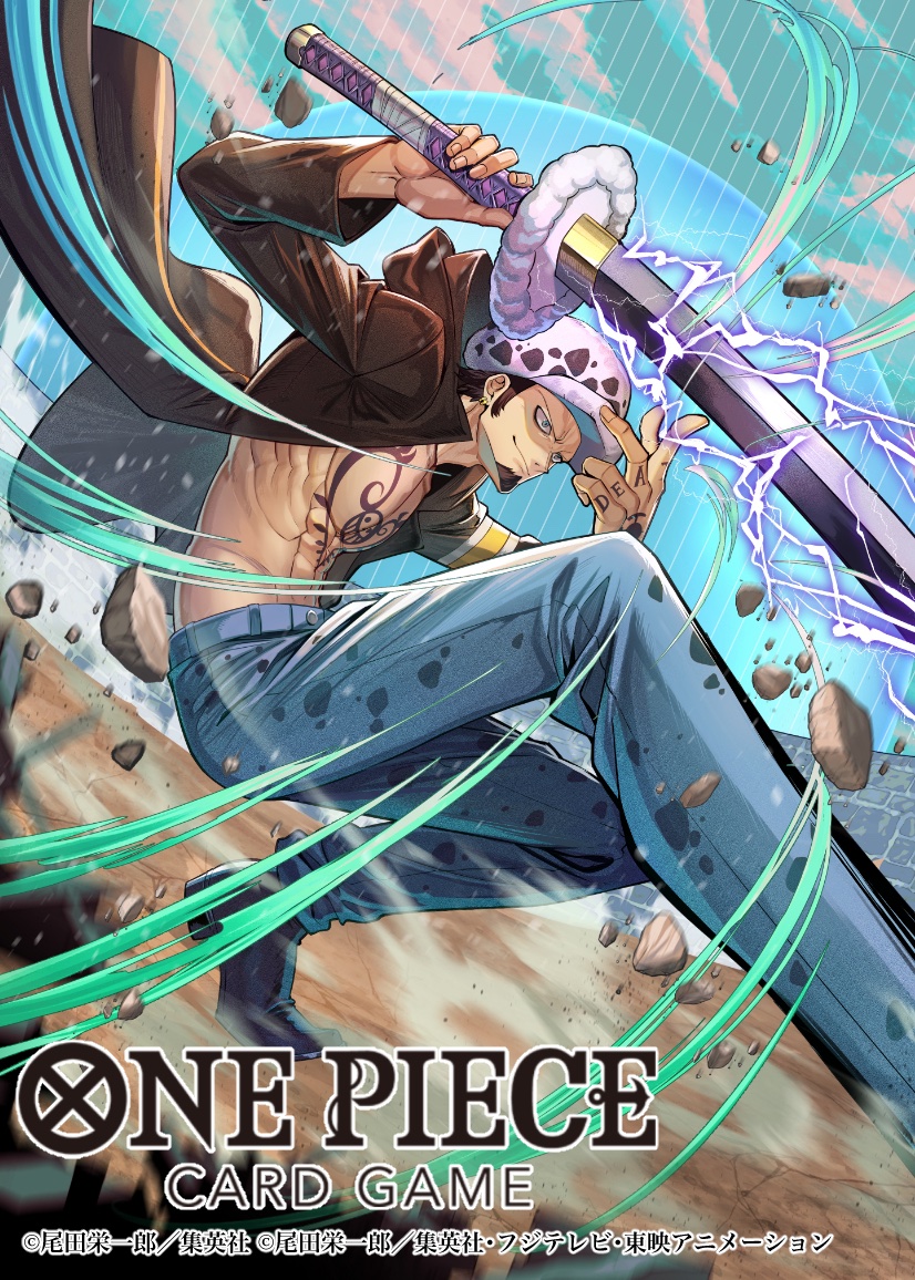 1boy abs bashikou black_coat chest_tattoo closed_mouth coat commentary_request copyright_name denim electricity facial_hair goatee hand_tattoo hat holding holding_sword holding_weapon jeans long_sleeves looking_ahead male_focus motion_lines official_art one_piece one_piece_card_game pants pebble sideburns smile solo sword tattoo trafalgar_law weapon