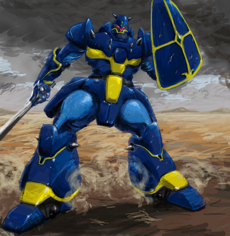 1980s_(style) itsuka_(ituka) kikou-kai_galient mecha oldschool retro_artstyle robot shield sword weapon zuwel