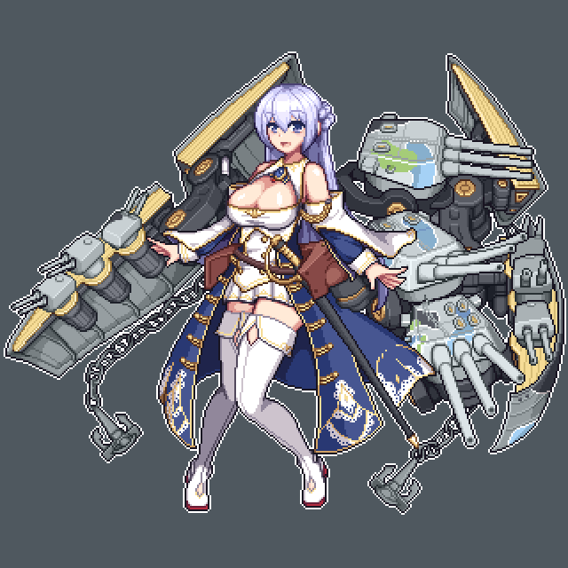 1girl anchor azur_lane bare_shoulders blue_coat boots breasts chain cleavage coat dress full_body grey_background large_breasts pixel_art purple_eyes purple_hair rigging rodney_(azur_lane) sheath sheathed ship_turret short_dress simple_background solo sword tsukikawa_(yangsankomei) weapon white_boots white_dress