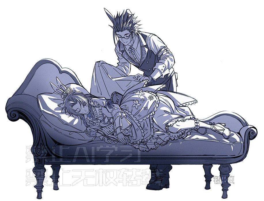 1boy 1girl aerith_gainsborough aerith_gainsborough_(classic_coney) animal_ears arm_ribbon black_hair black_pants black_vest blanket butler closed_eyes closed_mouth commentary couch covering_with_blanket dress easter facing_another final_fantasy final_fantasy_vii final_fantasy_vii_ever_crisis flower flower_dress full_body gloves hair_ornament holding holding_blanket huosheanng leaning_forward lying monochrome official_alternate_costume on_couch on_side pants rabbit_ears ribbon shirt shoes sleeping smile spiked_hair standing symbol-only_commentary vest white_background zack_fair zack_fair_(bunny_butler)