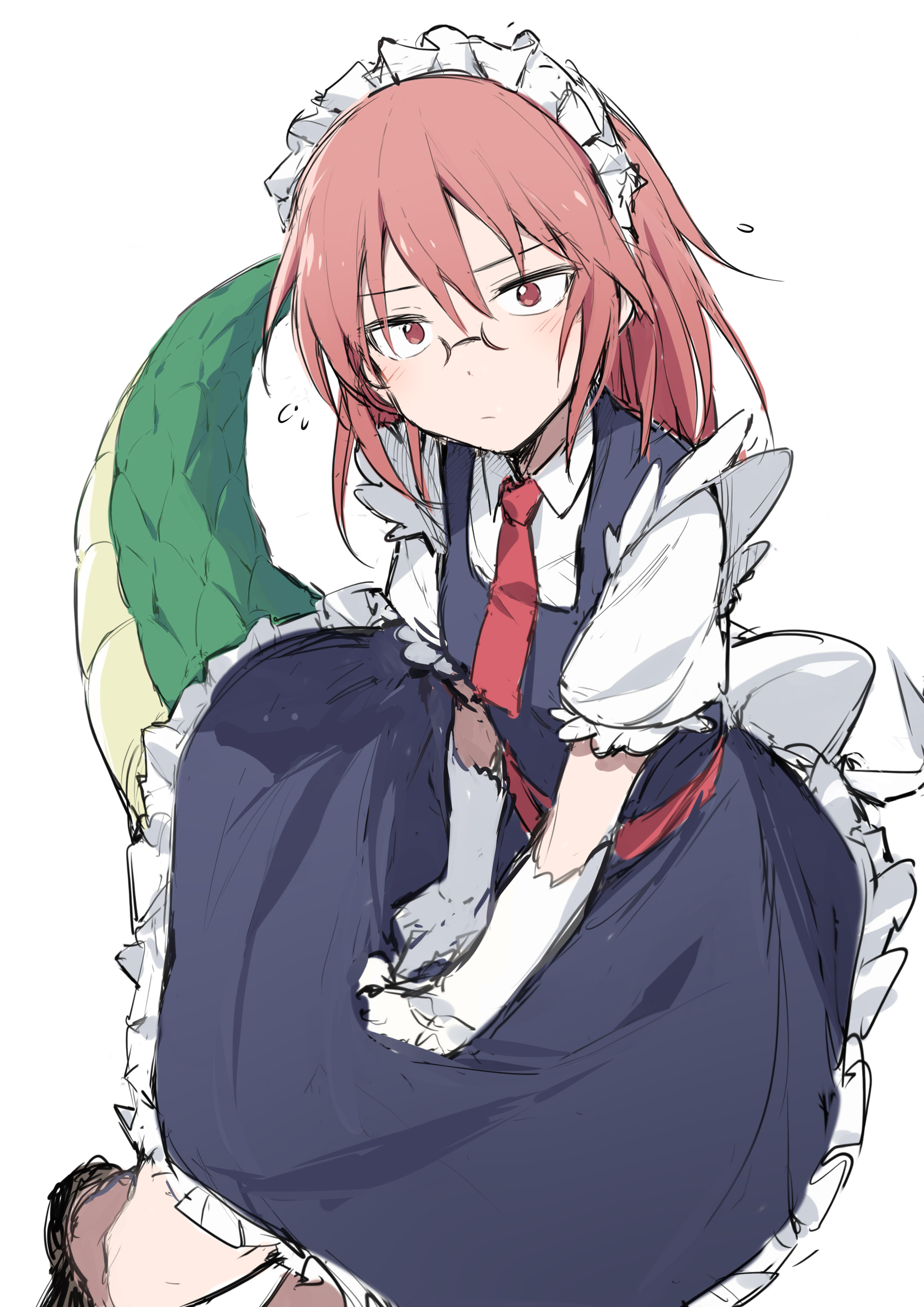 1girl absurdres blush cosplay dragon_tail flying_sweatdrops frills glasses gloves highres kobayashi-san_chi_no_maidragon kobayashi_(maidragon) long_hair looking_at_viewer maid maid_headdress necktie oyo_hitsuji puffy_short_sleeves puffy_sleeves red_hair red_necktie short_sleeves simple_background solo tail tohru_(maidragon) tohru_(maidragon)_(cosplay) white_background white_gloves