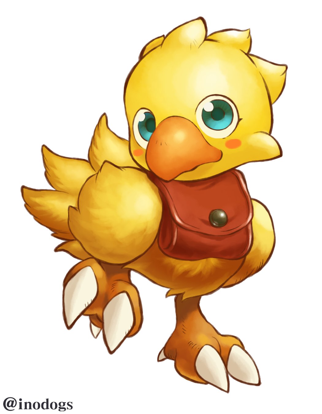 animal_focus aqua_eyes bird chocobo closed_mouth creature creature_focus feathers final_fantasy final_fantasy_fables highres inodogs no_humans official_style red_bag simple_background solo standing standing_on_one_leg twitter_username white_background yellow_feathers