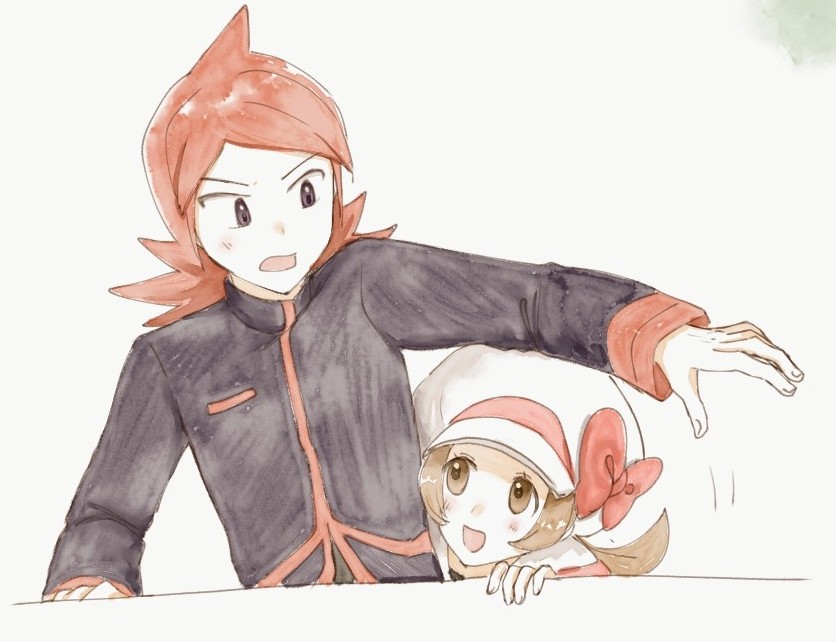 1boy 1girl :d asuka_rkgk bow brown_eyes brown_hair commentary_request cowlick creatures_(company) game_freak hat hat_bow jacket long_hair long_sleeves looking_down lyra_(pokemon) nintendo open_mouth peeking_out pokemon pokemon_hgss red_bow red_hair silver_(pokemon) smile white_background white_hat