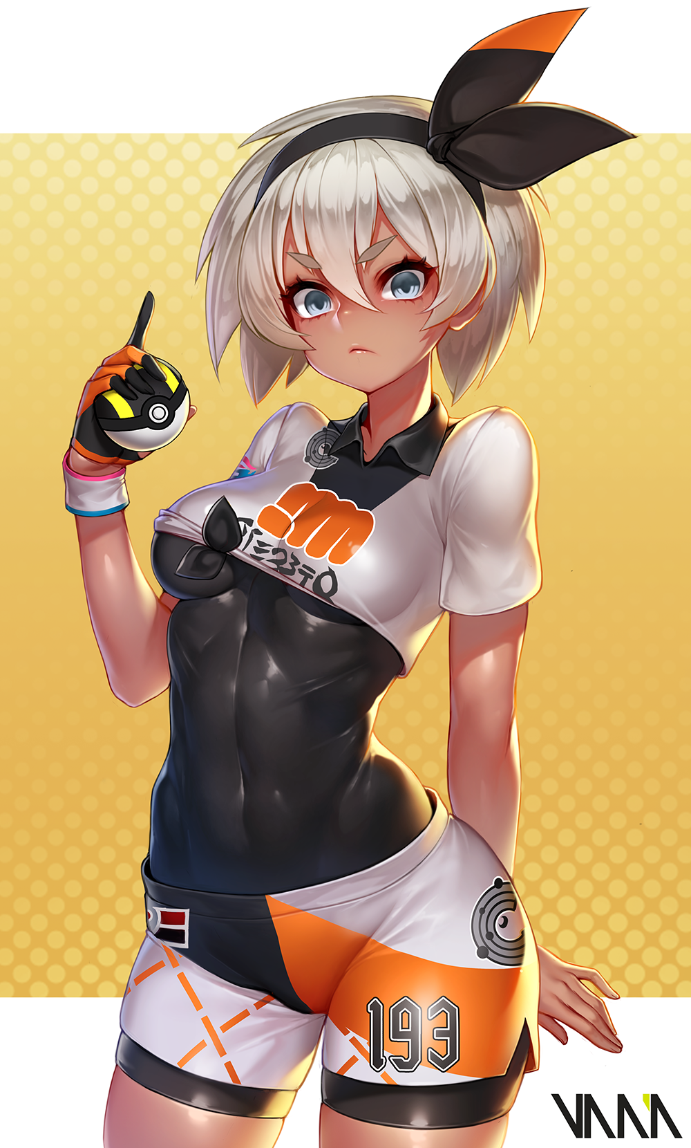 1girl abs artist_name bea_(pokemon) blue_eyes bodysuit bodysuit_under_clothes breasts clothes_writing covered_navel cowboy_shot dark-skinned_female dark_skin female_focus game_freak gloves grey_hair gym_leader hair_between_eyes hair_ribbon hairband highres holding holding_poke_ball looking_at_viewer medium_breasts nintendo poke_ball pokemon pokemon_swsh ribbon shiny_clothes shiny_skin shirt short_eyebrows short_hair short_sleeves shorts simple_background single_glove skindentation solo standing sweat tied_shirt ultra_ball vana white_shirt wristband