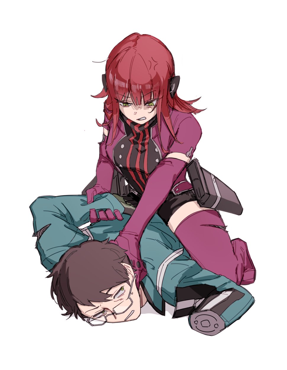 1boy 1girl amputee anger_vein angry annoyed battle blue_jacket boots breasts cuts elbow_gloves flipped_hair glasses gloves green_eyes hand_on_another&#039;s_neck headphones highres holding_another&#039;s_wrist holster injury jacket katori_squad&#039;s_uniform katori_youko long_hair long_sleeves looking_at_another looking_down lying medium_hair mikumo_osamu mikumo_squad&#039;s_uniform on_stomach panyasan_777 purple_gloves purple_thighhighs red_hair restrained semi-rimless_eyewear short_hair sideways_glance simple_background sitting sitting_on_person thigh_boots thighhighs turtleneck under-rim_eyewear white_background world_trigger