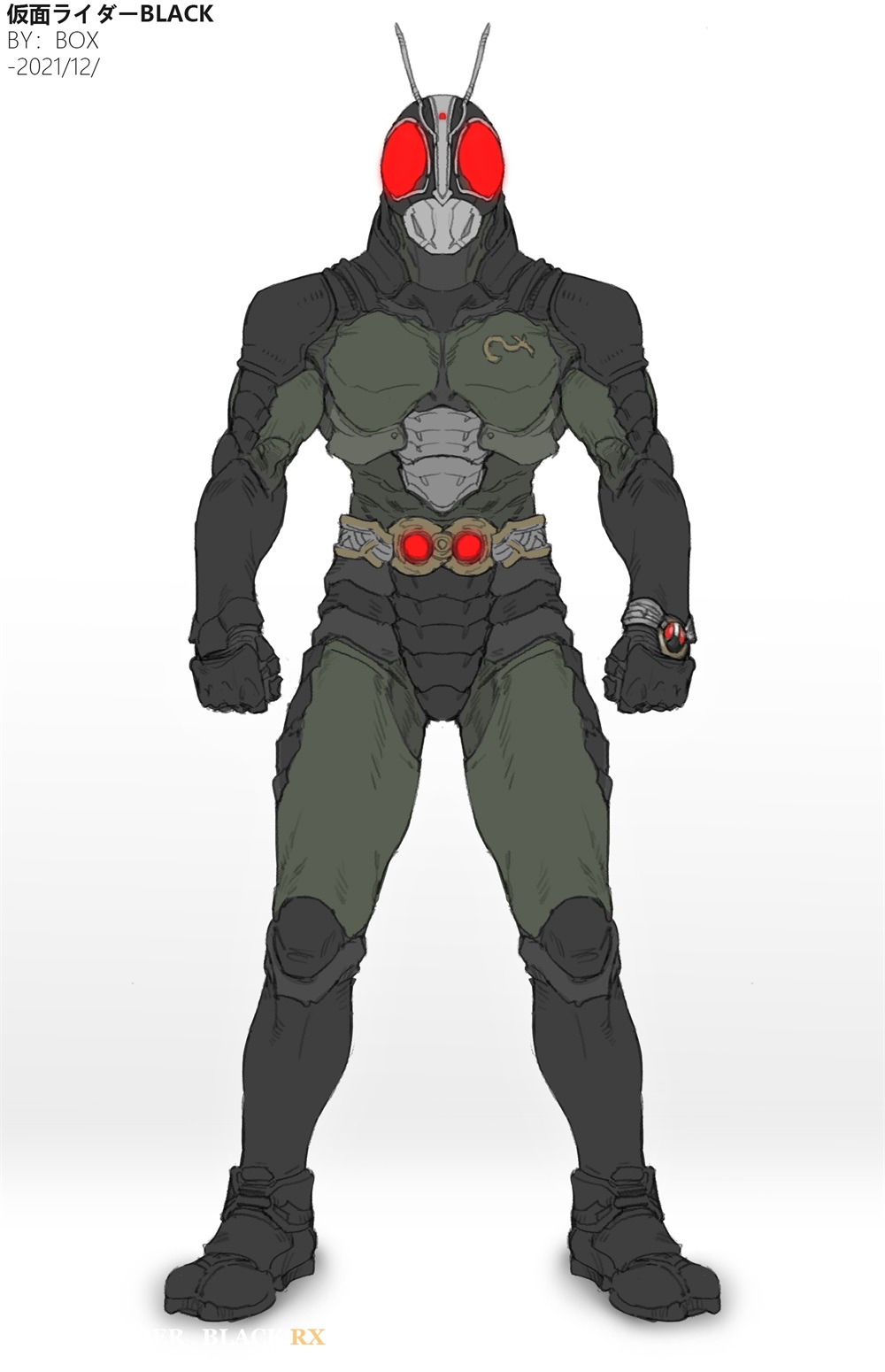 1boy antennae armor black_footwear bracelet chinese_commentary clenched_hands commentary_request compound_eyes rider_belt full_body glowing glowing_eyes highres jewelry kamen_rider kamen_rider_black_rx kamen_rider_black_rx_(series) mask red_eyes rider_belt shoulder_armor simple_background solo standing tokusatsu white_background xiangzi_box