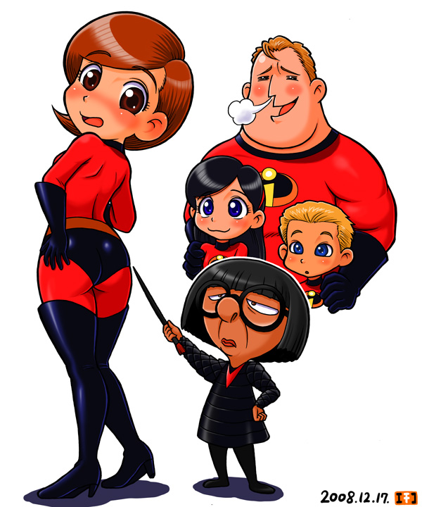 00s 2008 2boys 3girls :3 animification ass bob_parr bodysuit boots brown_eyes brown_hair costume dash_parr dated edna_mode elastigirl elbow_gloves family gloves height_difference helen_parr latex latex_gloves mature_female mochi-iri_kinchaku mokimoki mr._incredible multiple_boys multiple_girls short_hair skin_tight the_incredibles thigh_boots thighhighs violet_parr