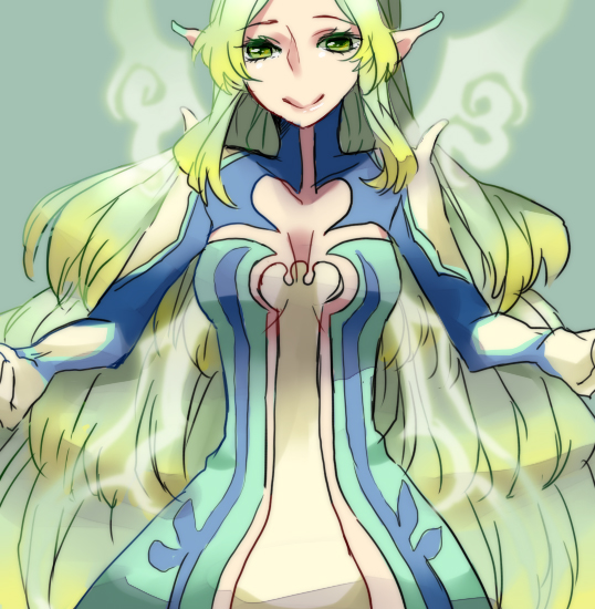 1girl aqua_hair breasts cleavage dress green_eyes muzet_(tales) pointy_ears smile tales_of_(series) tales_of_xillia very_long_hair wings