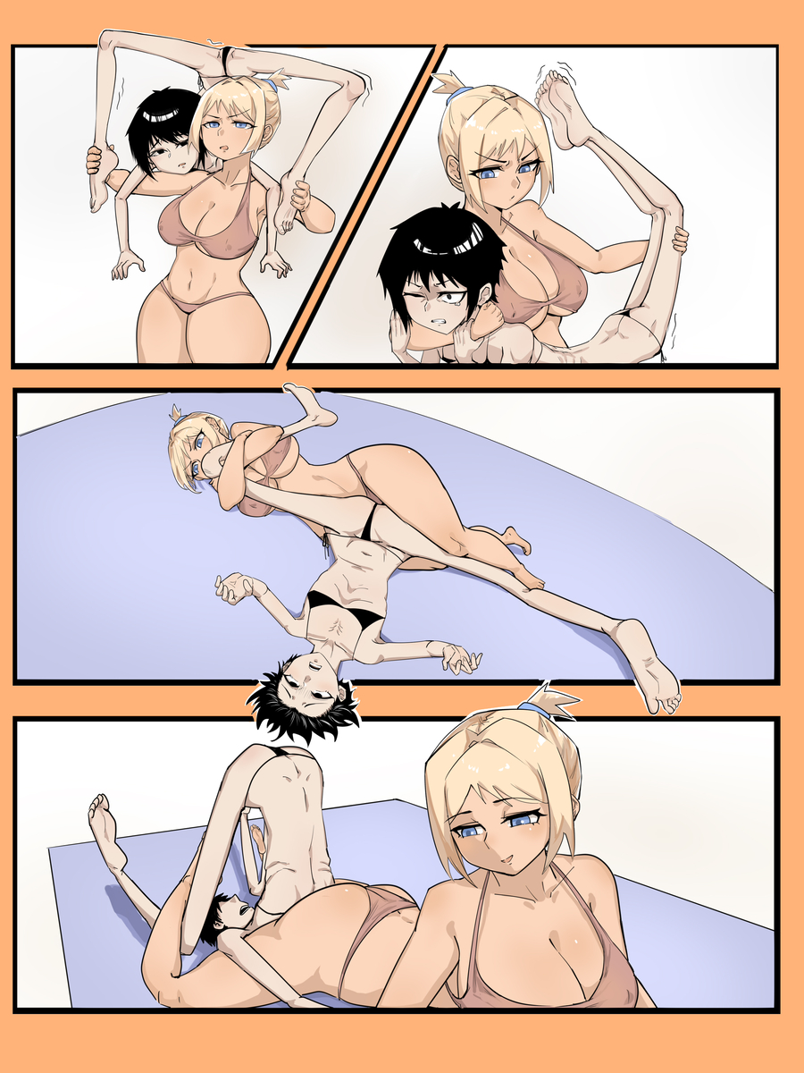 2girls bikini breasts butt_crack catfight edke flat_chest highres large_breasts multiple_girls original ribs swimsuit tag thick_thighs thighs wrestling
