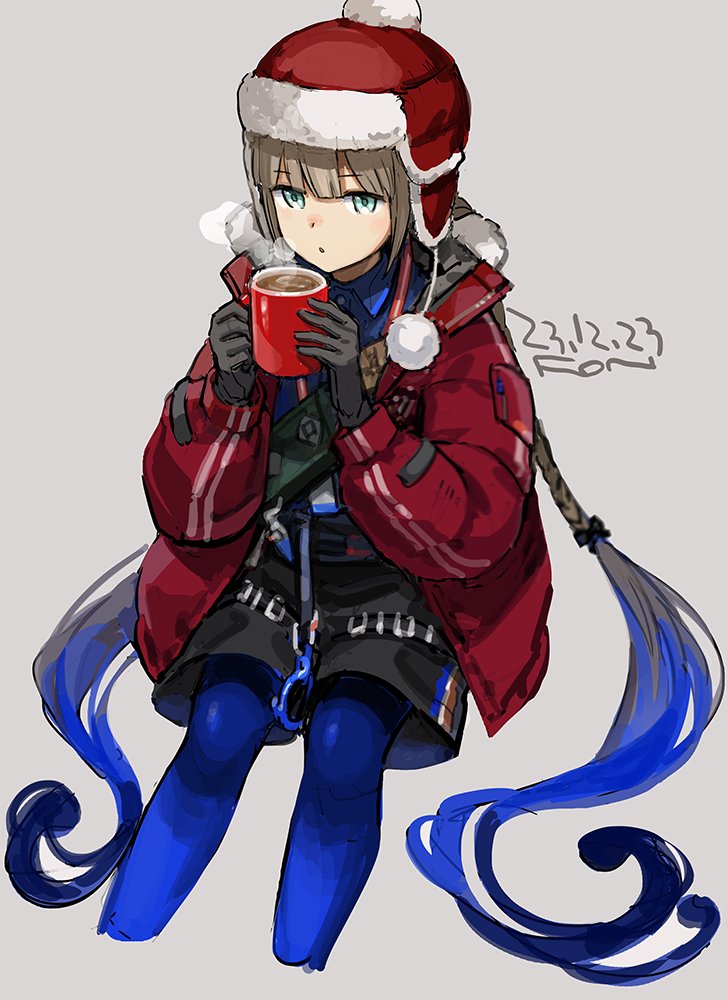 1boy black_gloves black_shorts blowing_on_food captain_nemo_(fate) captain_nemo_(santa)_(fate) coat cropped_legs cup dated fate/grand_order fate_(series) fon-due_(fonfon) gloves gradient_hair grey_background hat holding holding_cup long_sleeves looking_at_viewer male_focus multicolored_hair nemo_(fate) pom_pom_(clothes) red_coat red_hat shorts signature solo steam trap twintails winter_clothes