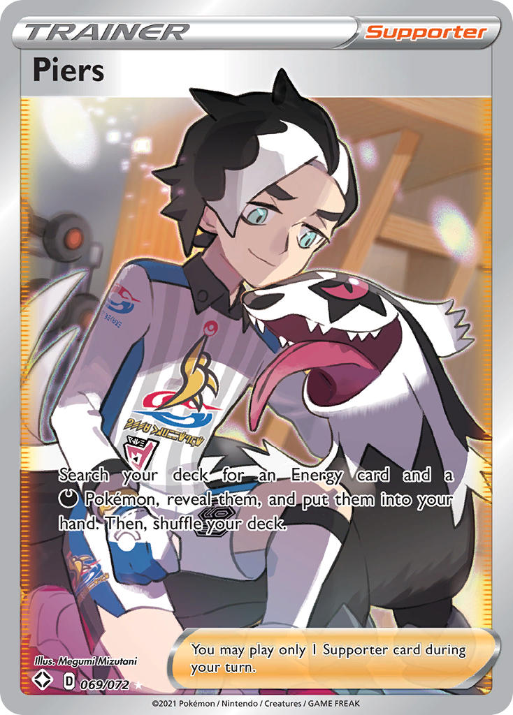1boy aged_down aqua_eyes artist_name black_hair card_(medium) character_name closed_mouth company_name copyright_name copyright_notice english_text galarian_form galarian_linoone gen_8_pokemon gloves gym_challenge_uniform long_sleeves long_tongue male_focus mizutani_megumi multicolored_hair nintendo official_art on_one_knee open_mouth piers_(pokemon) pokemon pokemon_(creature) pokemon_card pokemon_swsh pokemon_tcg sharp_teeth shirt short_hair shorts smile socks teeth third-party_source tongue tongue_out trading_card two-tone_hair white_hair white_shirt white_shorts white_socks