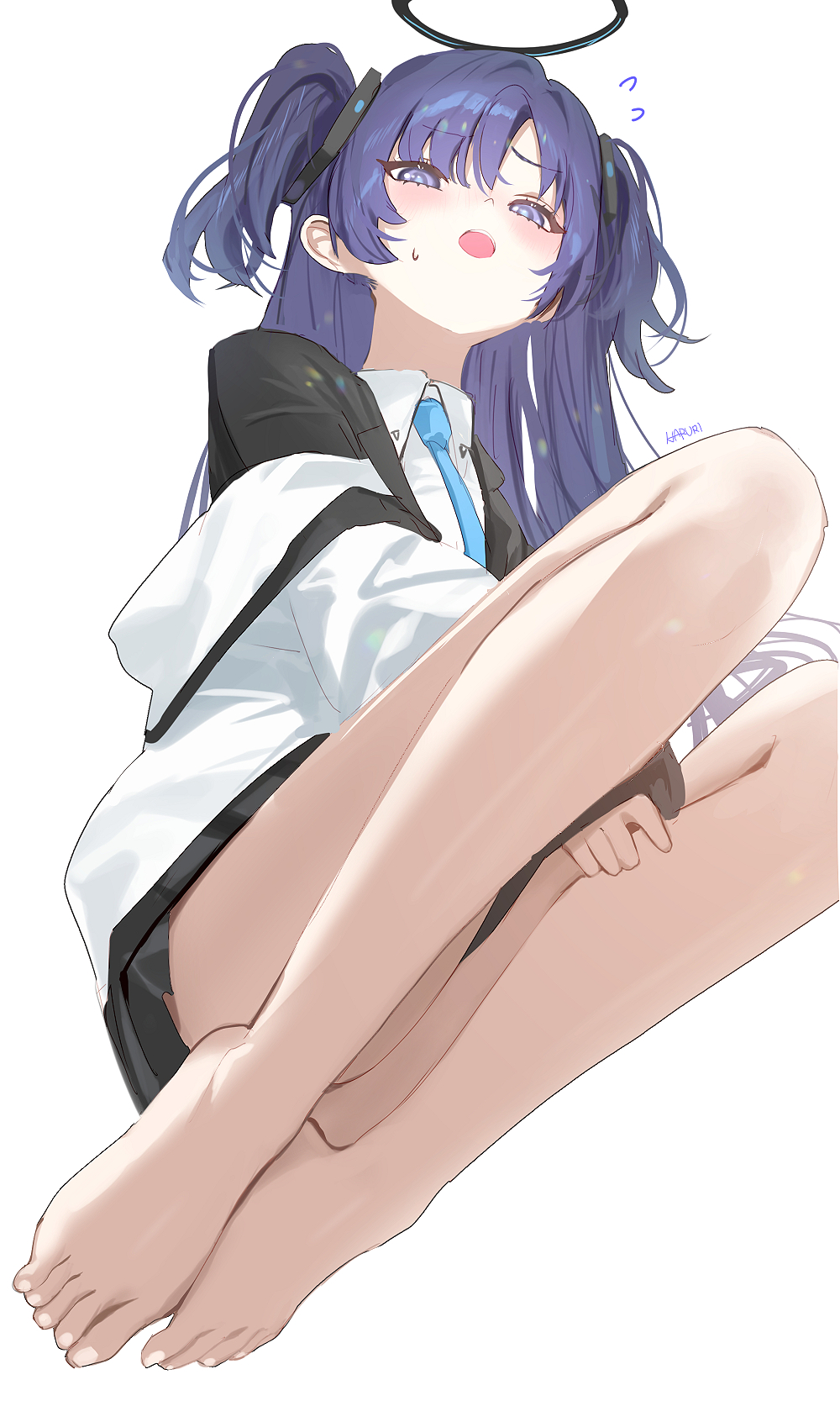 1girl blue_archive haruri highres long_hair long_sleeves looking_at_viewer open_mouth purple_eyes purple_hair smile solo two_side_up yuuka_(blue_archive)
