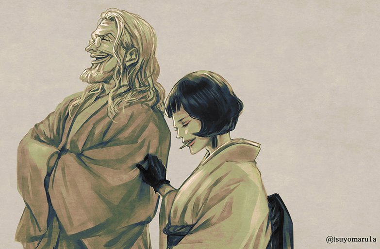 1boy 1girl beard cigarette closed_eyes commentary_request earrings facial_hair glasses gloves japanese_clothes jewelry kimono long_sleeves medium_hair monochrome obi one_piece profile sash shakuyaku_(one_piece) short_hair silvers_rayleigh smile tsuyomaru twitter_username upper_body v-shaped_eyebrows