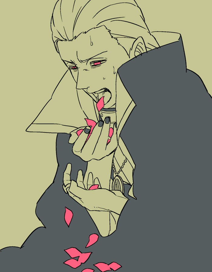 1boy akatsuki_uniform hair_slicked_back coughing_flowers hands_up hidan_(naruto) jewelry male_focus monochrome naruto_(series) naruto_shippuuden necklace petals pink_eyes solo spot_color suna_(signi57tifato) sweat vomiting