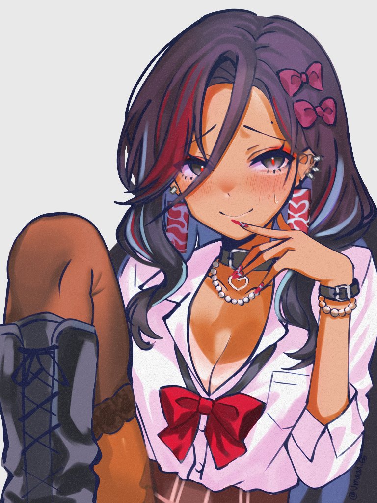 1girl bead_bracelet bead_necklace beads black_boots black_collar black_eyes black_hair blush boots bow bracelet breasts brown_pantyhose brown_skirt buttons cleavage collar collarbone collared_shirt ear_piercing earrings eyeshadow gyaru hair_between_eyes hair_bow heart heart_necklace jewelry large_breasts long_hair makeup mole mole_above_eye multicolored_hair necklace pantyhose piercing pocket red_bow red_eyeshadow red_hair red_nails red_pupils shirt signature simple_background skirt small_sweatdrop streaked_hair synthesizer_v tan tanline tsui55 vimalion_pro white_background white_hair white_shirt wrist_belt yi_xi_(synthesizer_v)