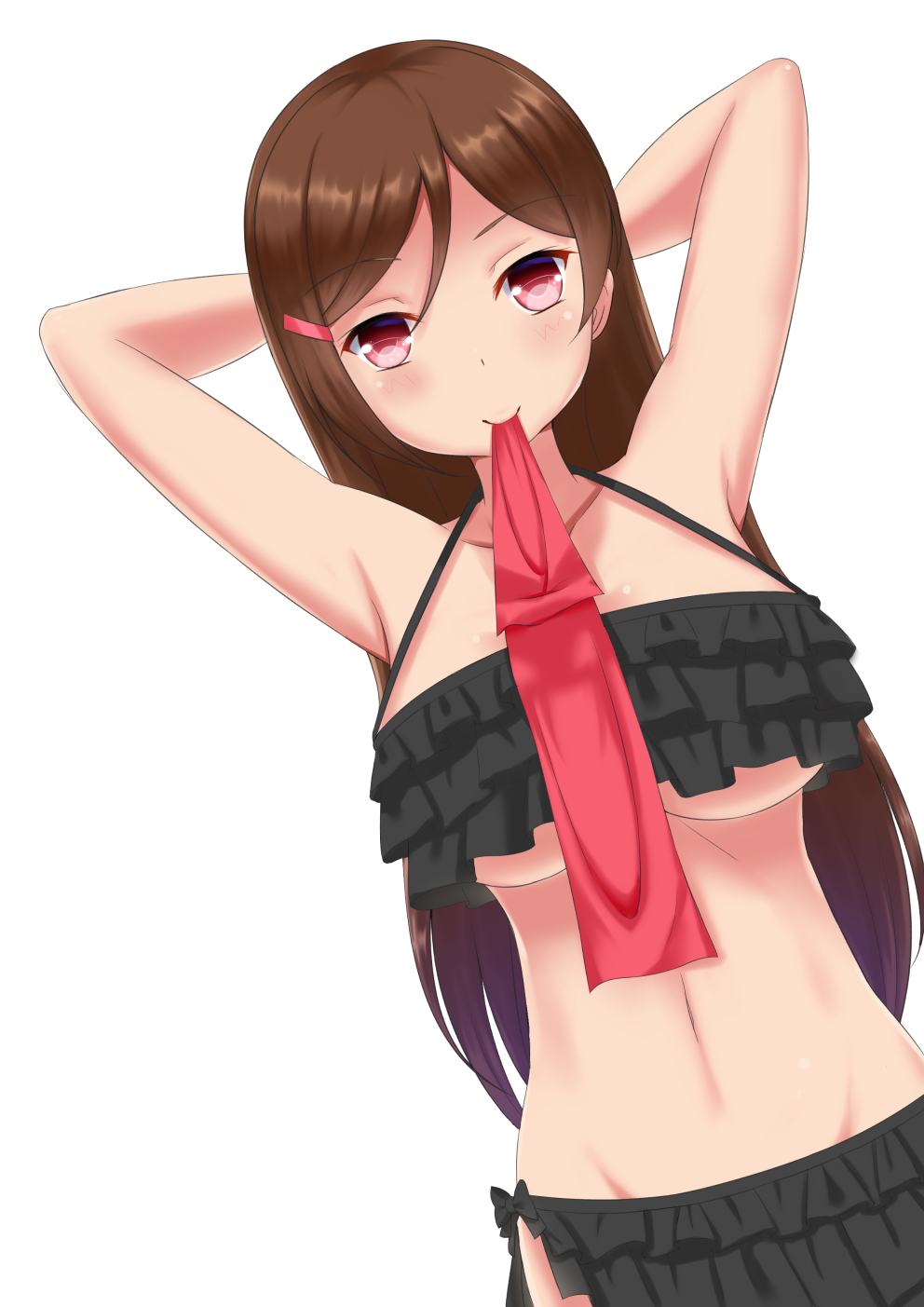 10s 1girl bikini blush breasts brown_hair female_focus hair_ornament hairclip hairpin highres jewelry kantai_collection large_breasts long_hair mamiya_(hokuto_no_ken) mouth_hold red_eyes solo swimsuit underboob