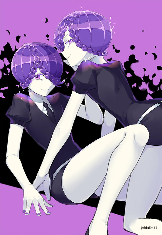 2others amethyst_(houseki_no_kuni) braid gem_uniform_(houseki_no_kuni) hair_over_one_eye houseki_no_kuni looking_at_viewer matching_hair/eyes multiple_others nashi_(tidal0414) necktie purple_background purple_eyes purple_hair short_hair shorts sparkle